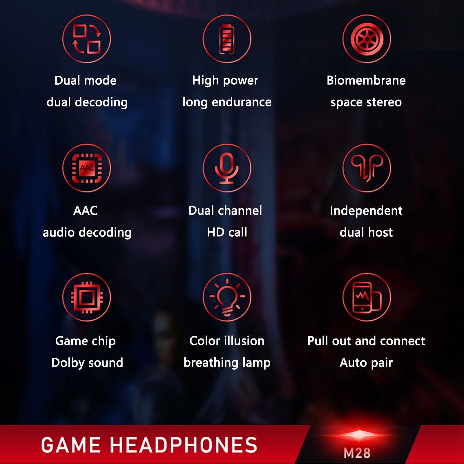 M28 TWS Gaming Wireless Earbuds Type-c LED Display Stereo Low Latency Heavy Bass HIFI Music Bluetooth Earphone Smart Touch Control Waterproof Sport Headset with Mic